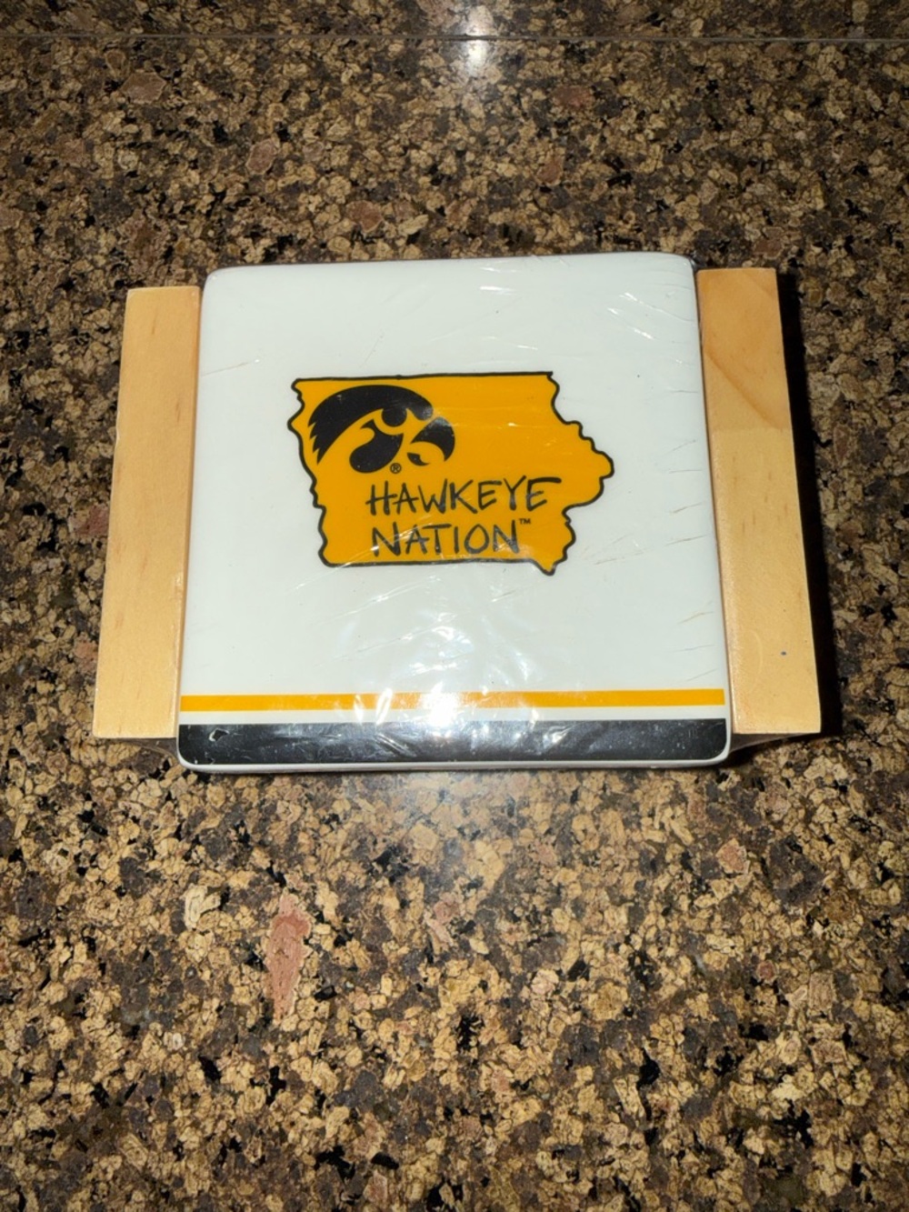Iowa Hawkeye Nation Ceramic Coaster Set with Wood Holder - Black & Gold